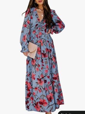 Women's Blue Floral V-Neck Long Sleeve Maxi Dress